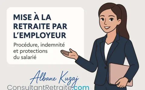 Illustration d'une consultante expliquant la mise à la retraite par l'employeur, ses procédures et protections pour le salarié.