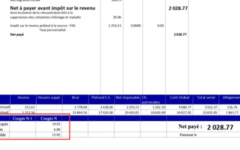 Extrait de bulletin de paie montrant le net payé. Les informations sur la cotisation CP en arrêt maladie ne sont pas directement visibles, mais le montant net est de 2028.77.