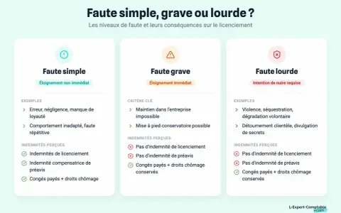 Tableau comparatif des niveaux de faute : faute simple (ex: négligence), faute grave et faute lourde, avec leurs conséquences sur le licenciement.