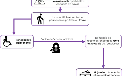 Schéma : accident/maladie pro -> incapacité -> si permanente, tribunal -> faute inexcusable -> majoration rente. La mise en invalidité au bout de combien de temps dépend de l'évolution.