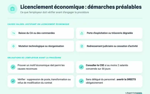 Ce schéma détaille les causes valides et les obligations avant un plan de licenciement économique : baisse d'activité, mutation, perte de trésorerie, etc.