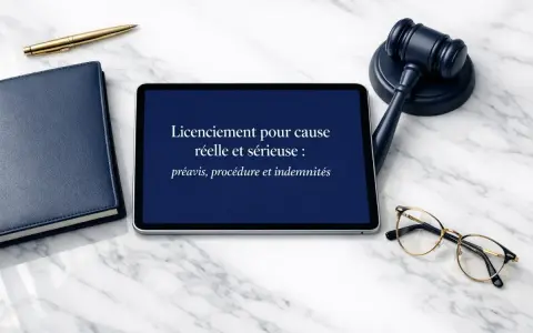 Tablette affichant "Licenciement pour cause réelle et sérieuse : préavis, procédure et indemnités", avec un marteau de juge, un carnet et un stylo.