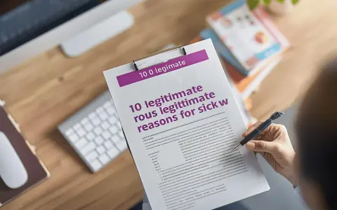 Une personne examine un document intitulé "10 raisons légitimes pour un arrêt de travail". Le document est sur un presse-papiers, avec un clavier et une souris à proximité.