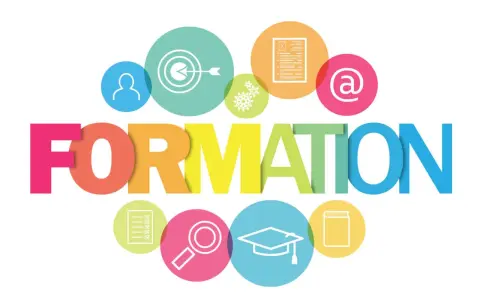 La commission formation CSE s'appuie sur des icônes : cible, document, email, loupe, diplôme, livre.