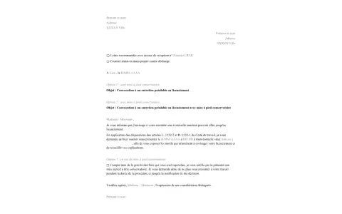 Convocation à un entretien préalable au licenciement sans motif. Le document détaille les démarches pour un entretien, avec ou sans mise à pied conservatoire.
