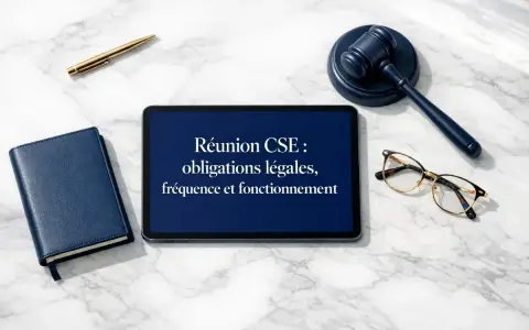 Sur une tablette, "Réunion CSE : obligations légales, fréquence et fonctionnement". Un marteau de juge, des lunettes et un carnet complètent la scène, évoquant le respect du code du travail.