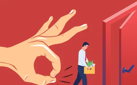 Un homme quitte son bureau, portant une boîte avec ses affaires. Une main géante le pousse dehors, symbolisant un licenciement pour refus de modification du contrat de travail.