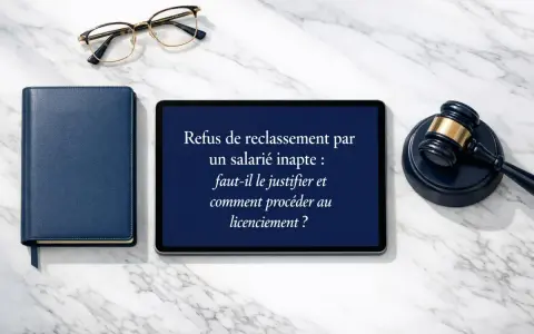 Un juge, un livre bleu et une tablette affichant "Refus de reclassement par un salarié inapte : faut-il le justifier et comment procéder au licenciement ?" sur fond marbre.