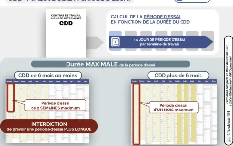 Calcul de la période d'essai pour un contrat de travail CDD. Un jour par semaine de travail, maximum 2 semaines pour un CDD de 6 mois ou moins, 1 mois pour un CDD plus long.