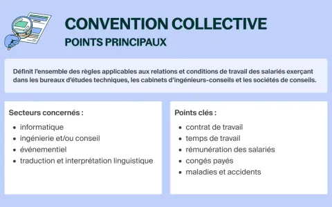 Convention collective : points principaux, secteurs concernés (informatique, ingénierie, événementiel, traduction) et points clés (contrat, temps de travail, rémunération, congés, maladies).