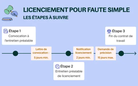 Schéma des étapes d'un licenciement pour faute simple : convocation, entretien, notification, fin du contrat.