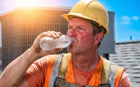 Ouvrier en sueur, casque jaune, buvant de l'eau sous un soleil de plomb. La condition de travail difficile est évidente sur son visage rougi.