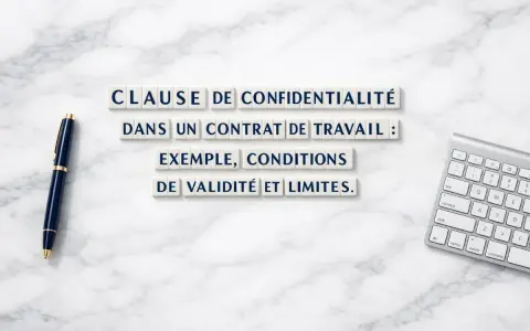 Une clause de confidentialité dans un contrat de travail : exemple, conditions de validité et limites. Stylo et clavier sur fond marbre.