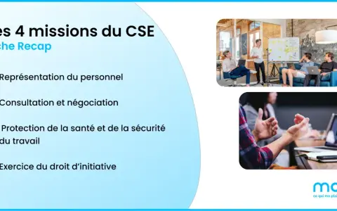 Les 4 missions du CSE : représentation, consultation, protection santé/sécurité et droit d'initiative. Illustration de réunions professionnelles.