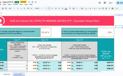 Tableau de calcul de l'ETP (Equivalent Temps Plein) pour la gestion des effectifs. Il détaille les cas de calcul et les entrées pour janvier, février et mars.
