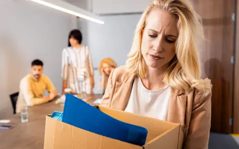 Femme blonde triste portant une boîte avec ses affaires, suite à un licenciement nul. Des collègues la regardent en arrière-plan.
