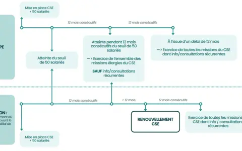 Organigramme expliquant la mise en place et les missions du CSE, avec des seuils de salariés et des délais de 12 mois.