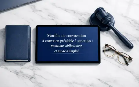 Modèle de convocation à entretien préalable à sanction : mentions obligatoires et mode d'emploi sur une tablette, avec un livre bleu, des lunettes et un maillet de juge.