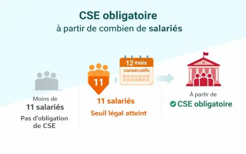 Moins de 11 salariés : pas d'obligation de CSE. 11 salariés et 12 mois consécutifs : CSE obligatoire.