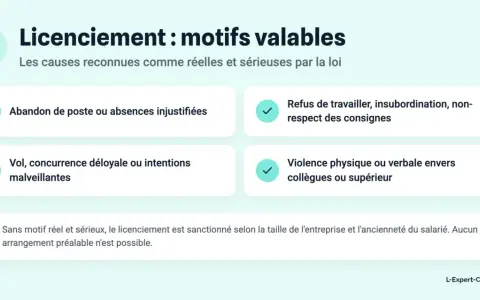 Liste des motifs valables de licenciement : abandon de poste, insubordination, vol, concurrence déloyale, violence. Sans motif réel et sérieux, le licenciement est sanctionné.
