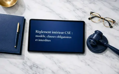 Sur une table en marbre, un règlement intérieur CSE est affiché sur une tablette. Un maillet de juge, des lunettes et un carnet bleu avec un stylo sont disposés autour. Le délai convocation cse 3 jours ouvrables est un point clé.