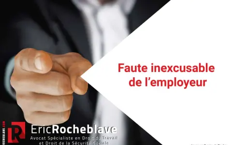 Main d'un homme pointant du doigt, avec le texte "Faute inexcusable de l'employeur". Jurisprudence sur la faute inexcusable.