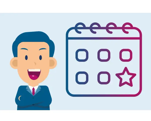 Un homme souriant à côté d'un calendrier avec une étoile, symbolisant un bon de délégation CSE approuvé.