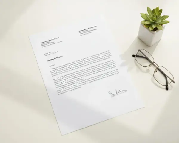 Une lettre de départ à la retraite est posée sur un bureau, à côté de lunettes et d'une plante.