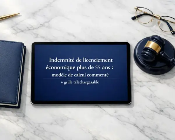 Tablette affichant "Indemnité de licenciement économique plus de 55 ans : modèle de calcul commenté + grille téléchargeable". Un marteau de juge et des lunettes sont à côté.