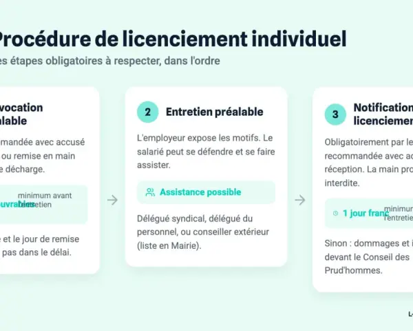 Procédure de licenciement individuel : 1. Convocation préalable (5 jours ouvrés avant l'entretien). 2. Entretien préalable (assistance possible). 3. Notification du licenciement (1 jour franc après l'entretien).