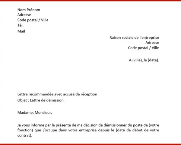 Modèle de lettre de démission. Ce document explique comment écrire une lettre de démission, avec les champs à remplir pour l'expéditeur et l'entreprise.