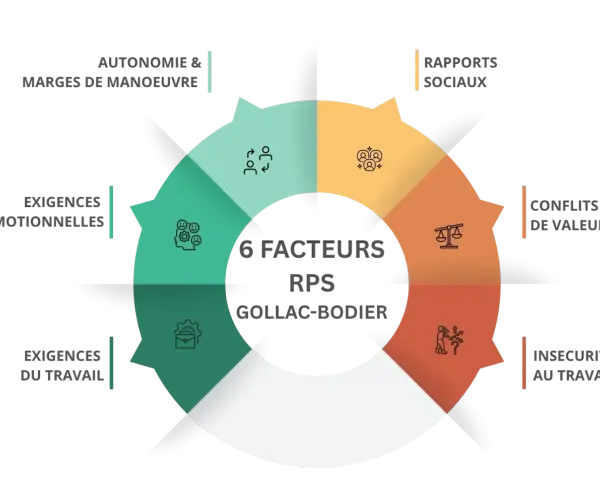 Schéma des 6 facteurs RPS Gollac-Bodier : autonomie, rapports sociaux, conflits de valeur, insécurité, exigences du travail, exigences émotionnelles.