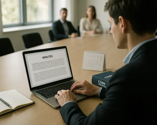 Un homme rédige le pv cse sur son ordinateur portable lors d'une réunion. Un livre "Code Travail" est posé à côté.