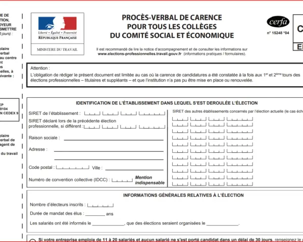 Modèle lettre information élection CSE : procès-verbal de carence pour les collèges du Comité Social et Économique.