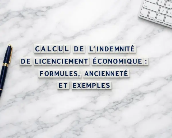 Calcul de l'indemnité de licenciement économique : formules, ancienneté et exemples. Un stylo et un clavier sur fond marbre.