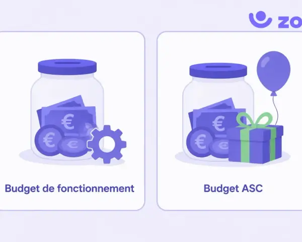 Budget de fonctionnement CSE : une tirelire remplie d'euros et un engrenage symbolisant les dépenses. Budget ASC : une tirelire, un cadeau et un ballon pour les avantages sociaux.