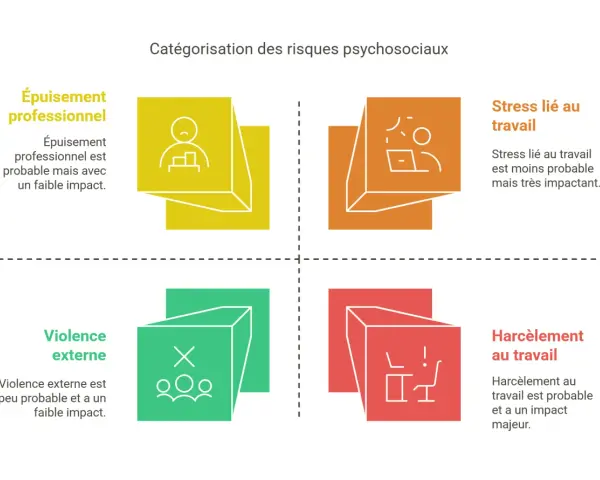 Matrice des risques psychosociaux : épuisement, stress, violence externe et harcèlement au travail, conformément aux l4121-1 et l4121-2 du code du travail.