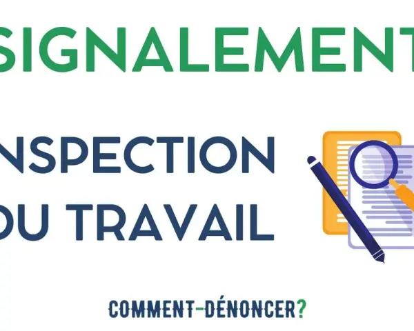 Modèle de lettre pour signaler un problème à l'inspection du travail. Illustration d'un document, d'une loupe et d'un stylo.