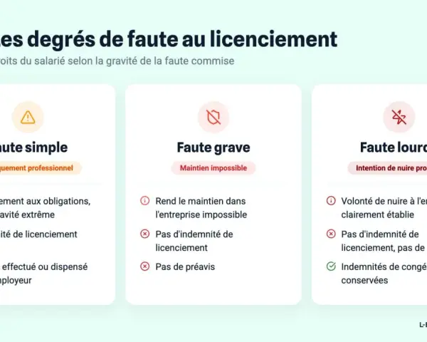 Tableau comparant les degrés de faute : faute simple, faute grave et faute lourde, avec leurs conséquences sur les droits du salarié.