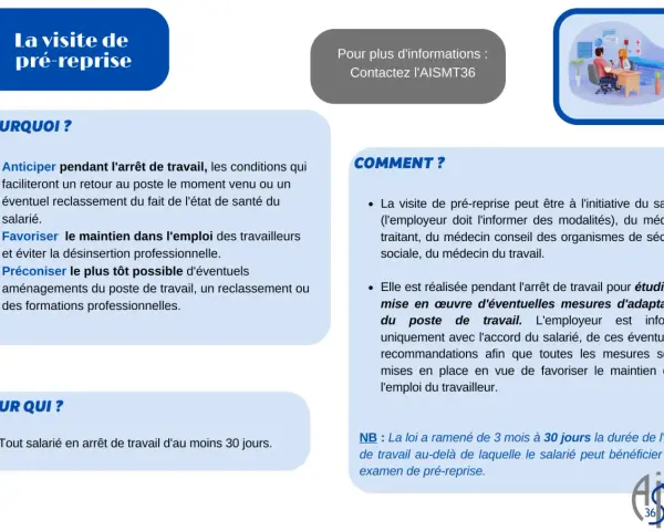 La visite de pré-reprise aide à anticiper le retour au travail et à favoriser le maintien dans l'emploi. Elle concerne tout salarié en arrêt de travail.