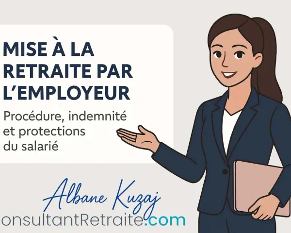 Illustration d'une consultante expliquant la mise à la retraite par l'employeur, ses procédures et protections pour le salarié.