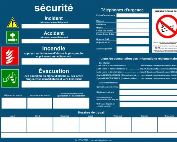 Panneau d'affichage obligatoire en entreprise : sécurité, urgences, interdiction de fumer, et informations réglementaires.