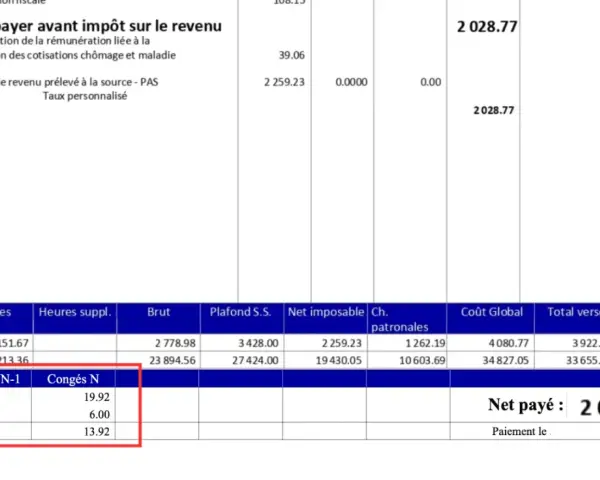 Extrait de bulletin de paie montrant le net payé. Les informations sur la cotisation CP en arrêt maladie ne sont pas directement visibles, mais le montant net est de 2028.77.