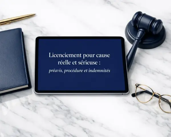 Tablette affichant "Licenciement pour cause réelle et sérieuse : préavis, procédure et indemnités", avec un marteau de juge, un carnet et un stylo.