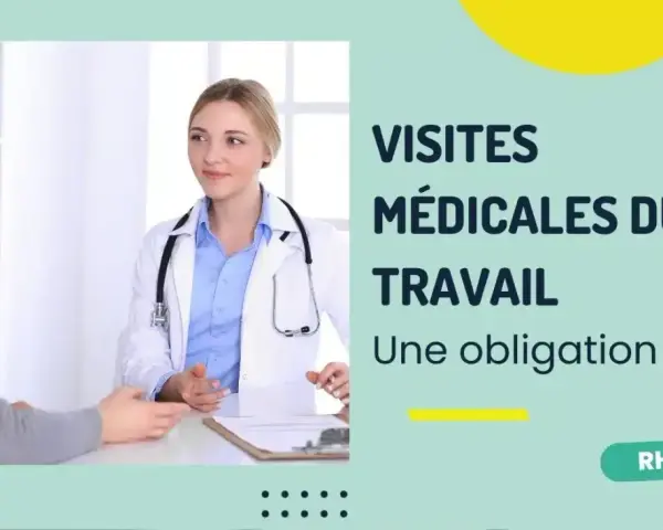 Une doctoresse discute avec une patiente. Le texte indique "Visites médicales du travail : une obligation ?". Ne pas se présenter à la visite médicale peut avoir des conséquences.