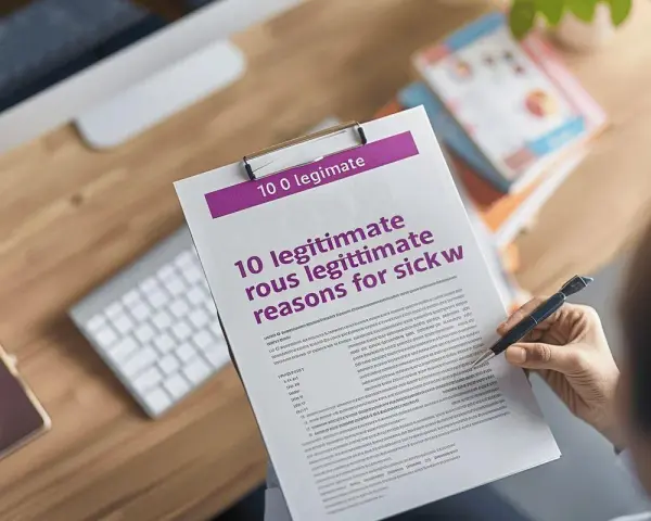 Une personne examine un document intitulé "10 raisons légitimes pour un arrêt de travail". Le document est sur un presse-papiers, avec un clavier et une souris à proximité.
