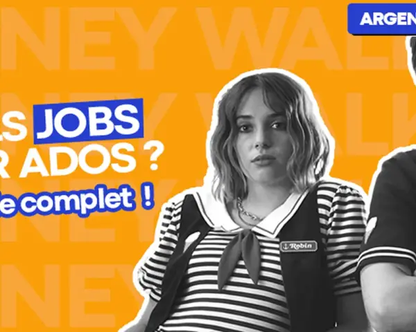 Deux adolescents posent pour un guide sur le travail mineur à 15 ans. Le titre "Argent de poche" est visible.