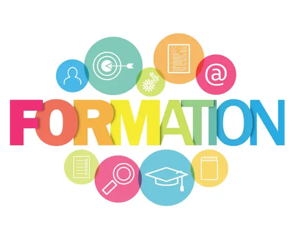 La commission formation CSE s'appuie sur des icônes : cible, document, email, loupe, diplôme, livre.