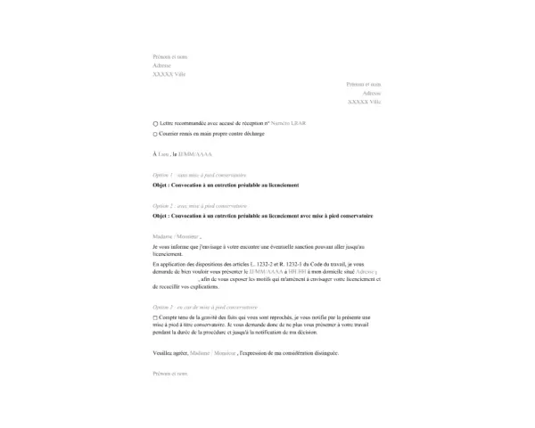 Convocation à un entretien préalable au licenciement sans motif. Le document détaille les démarches pour un entretien, avec ou sans mise à pied conservatoire.