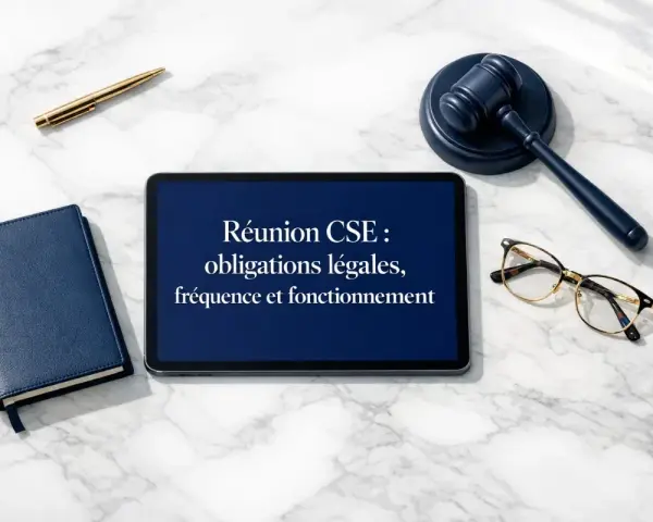 Sur une tablette, "Réunion CSE : obligations légales, fréquence et fonctionnement". Un marteau de juge, des lunettes et un carnet complètent la scène, évoquant le respect du code du travail.